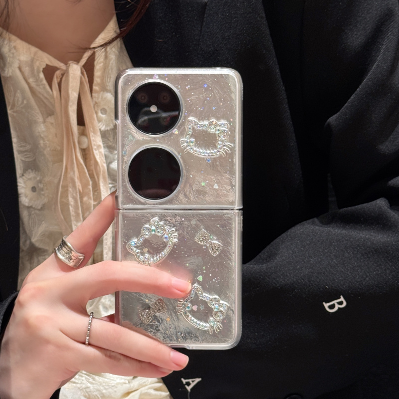 ins日韩滴胶闪粉水钻kt猫适用适用华为pocket 2手机壳P50pocket折叠屏pocketS手链PuraX典藏版novaflip保护套