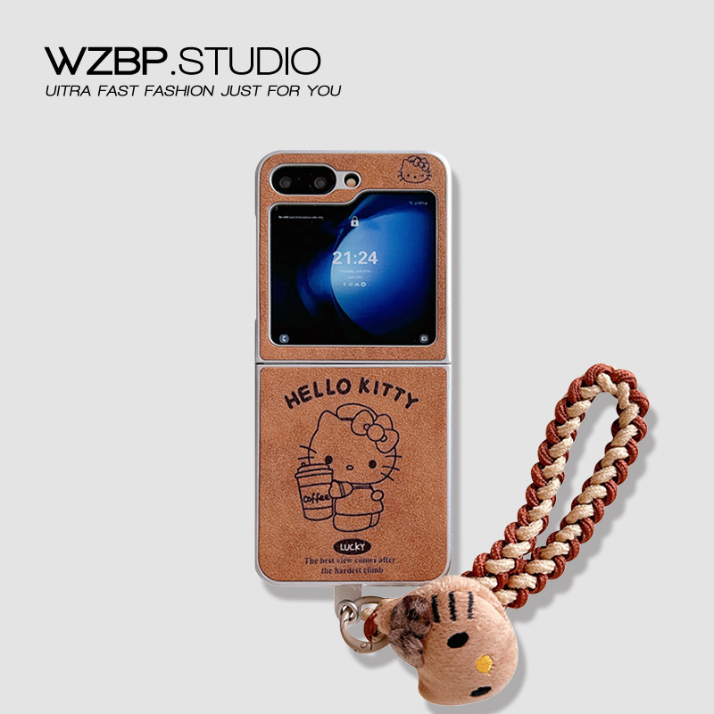 适用三星ZFlip6/4手机壳折叠屏华为P50 pocketS2复古卡通咖啡猫咪OPPOFindN3皮质vivo荣耀V小米MIX女nova翻盖