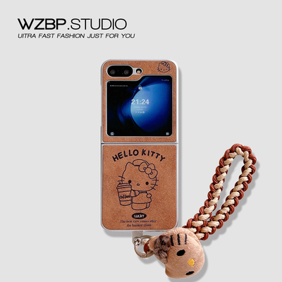 适用三星ZFlip6/4手机壳折叠屏华为P50 pocketS2复古卡通咖啡猫咪OPPOFindN3皮质vivo荣耀V小米MIX女nova翻盖