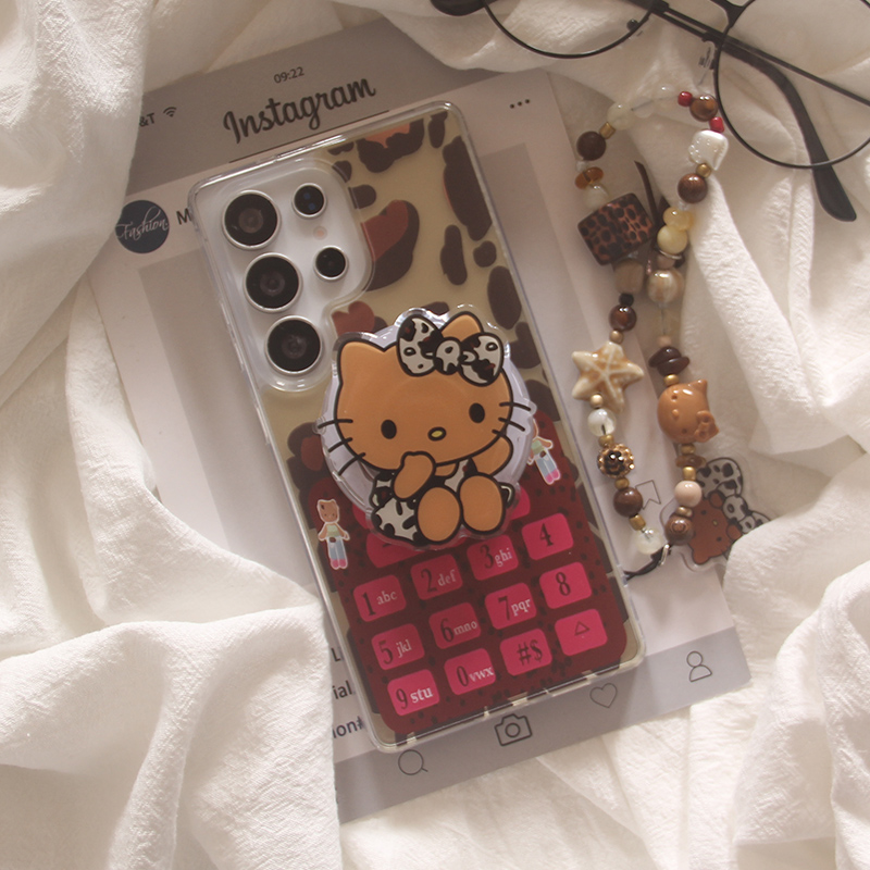 ins韩系卡通个性电话机豹纹KT猫适用三星GalaxyS25Ultra手机壳s24plus磁吸支架S23ultra手链s25+防摔保护套女