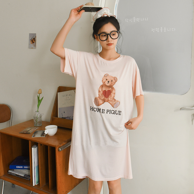 日系可爱休闲莫代尔睡裙女款2025新款夏可外穿短袖宽松睡衣家居服