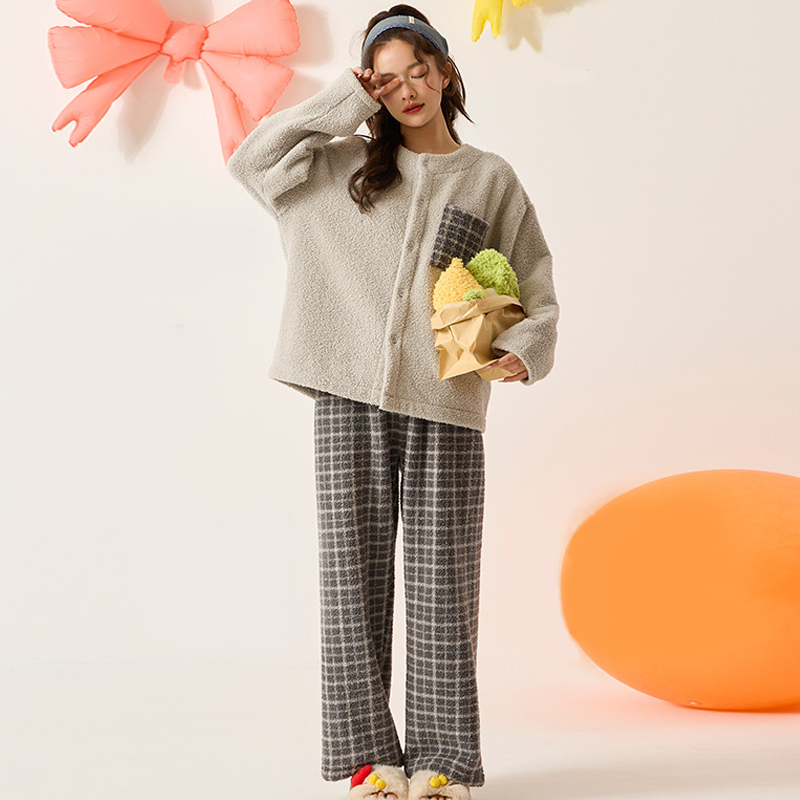 时尚洋气糯米半边绒家居服女秋冬