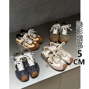 5cm内增高复古德训鞋女百搭歪头真皮系带休闲运动鞋小个子阿甘鞋