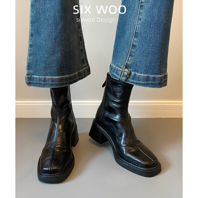 高跟方头短靴马丁靴静音底