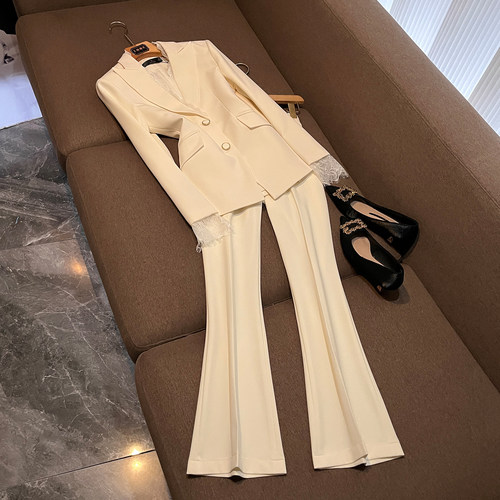 2026新款早秋长袖西服外套女修身蕾丝两扣小西装套裤通勤正装P927