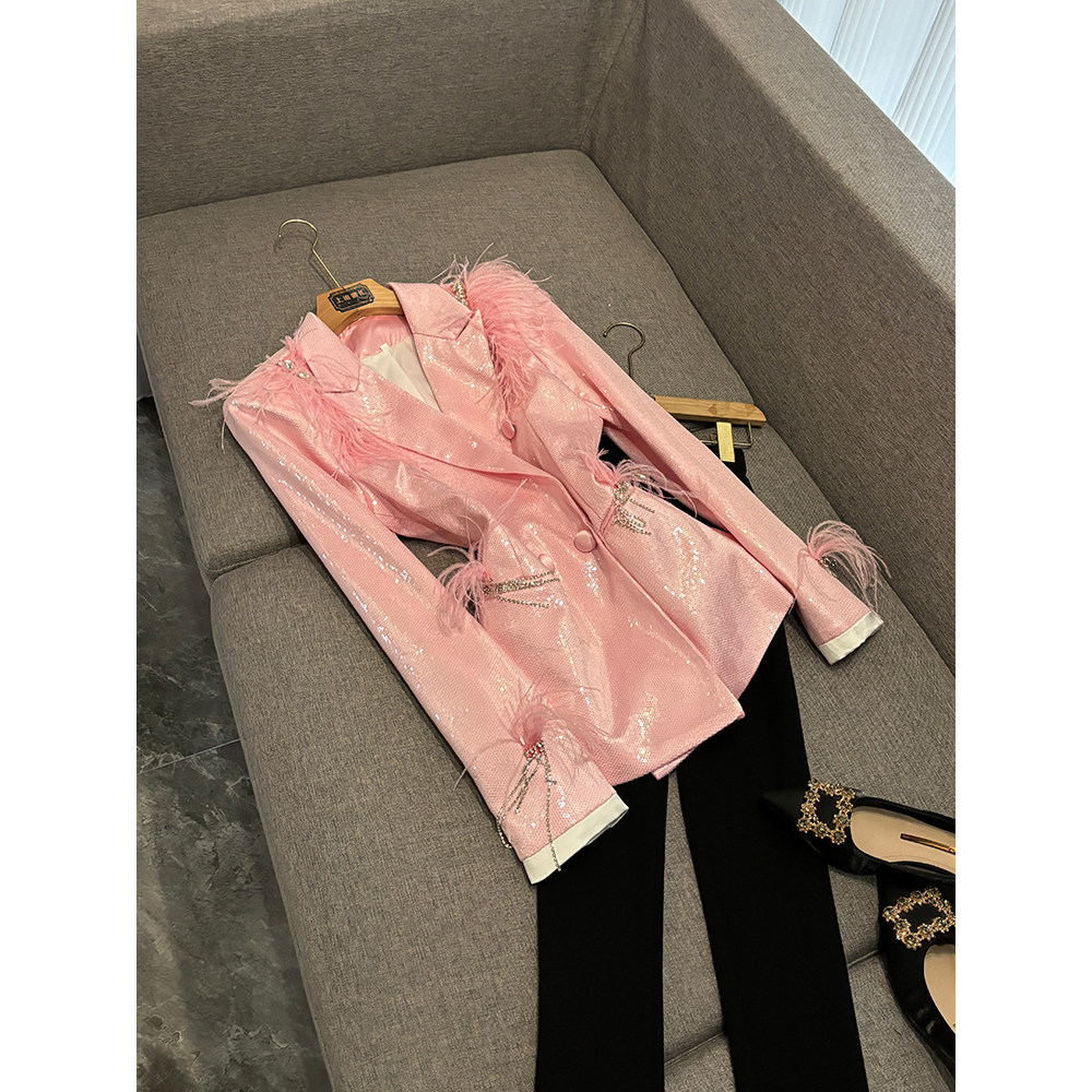 粉色亮片西服外套欧美风夜店女装