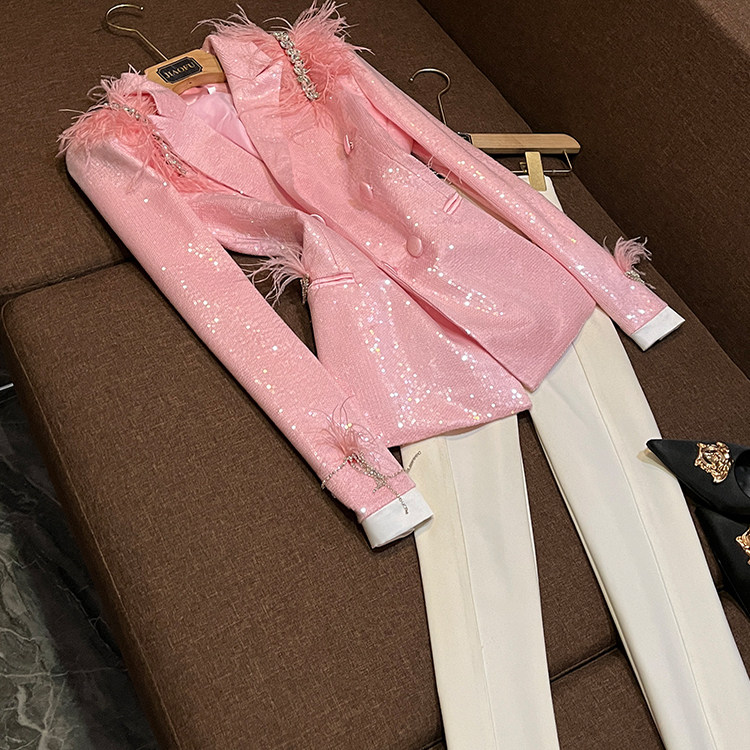 风粉色亮片西服外套夜店女装开衫酒吧聚会舞台服装21033