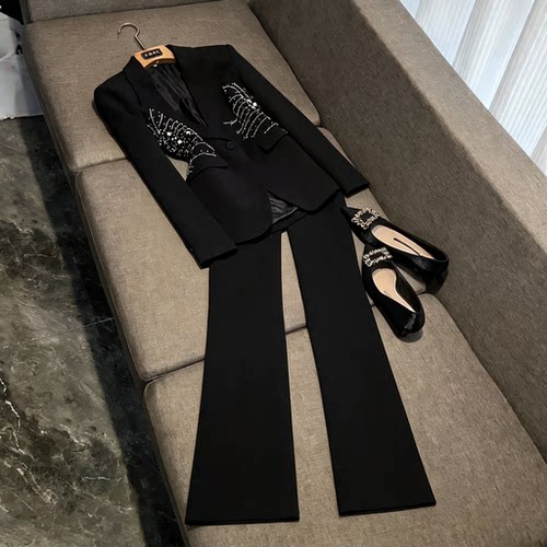 黑色重工钉珠西装套装女一粒扣显瘦高级感职场秋季两件套A08058