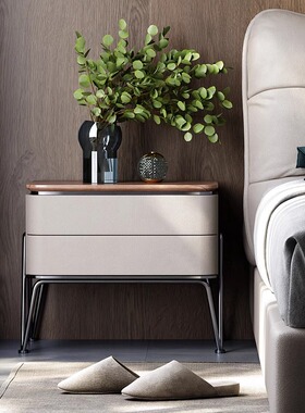 意式极简床头柜胡桃木床边柜天然大理石高端轻奢风设计师床头柜