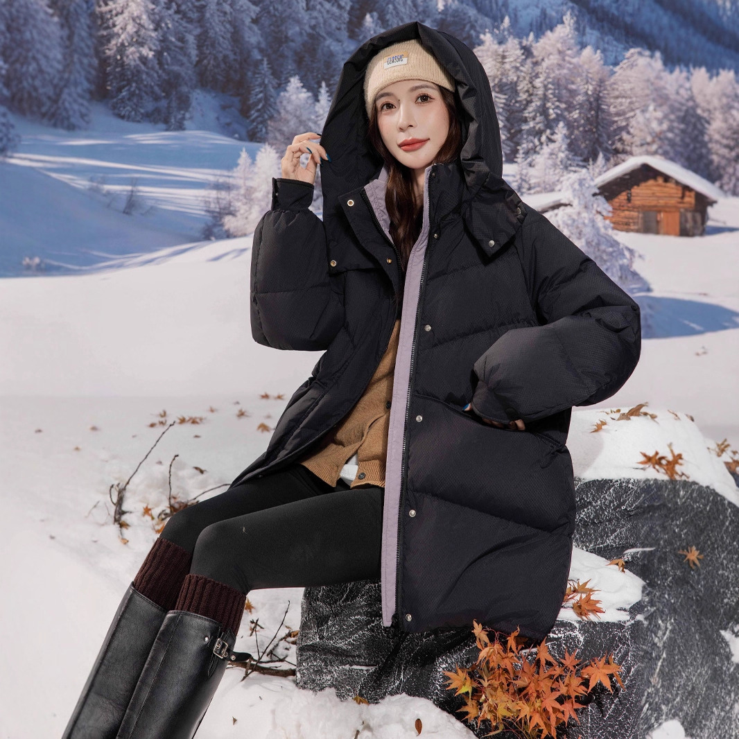 胖mm冬装200斤撞色拼接羽绒服女