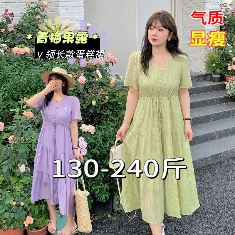 240斤220胖mm加肥加大码显瘦抽绳收腰v领简约中长款a字短袖连衣裙