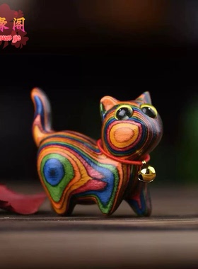 彩虹木绿檀可爱歪头猫手把件实木雕刻小猫咪萌宠随身盘玩摆件文玩