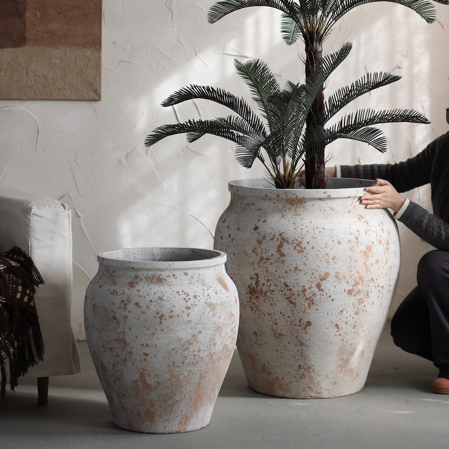 法式乡村风水泥落地花盆粗陶质感做旧花器室内客厅庭院民宿龙血树