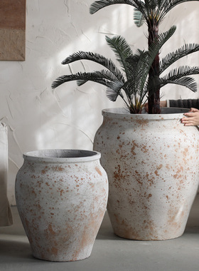 法式乡村风水泥落地花盆粗陶质感做旧花器室内客厅庭院民宿龙血树