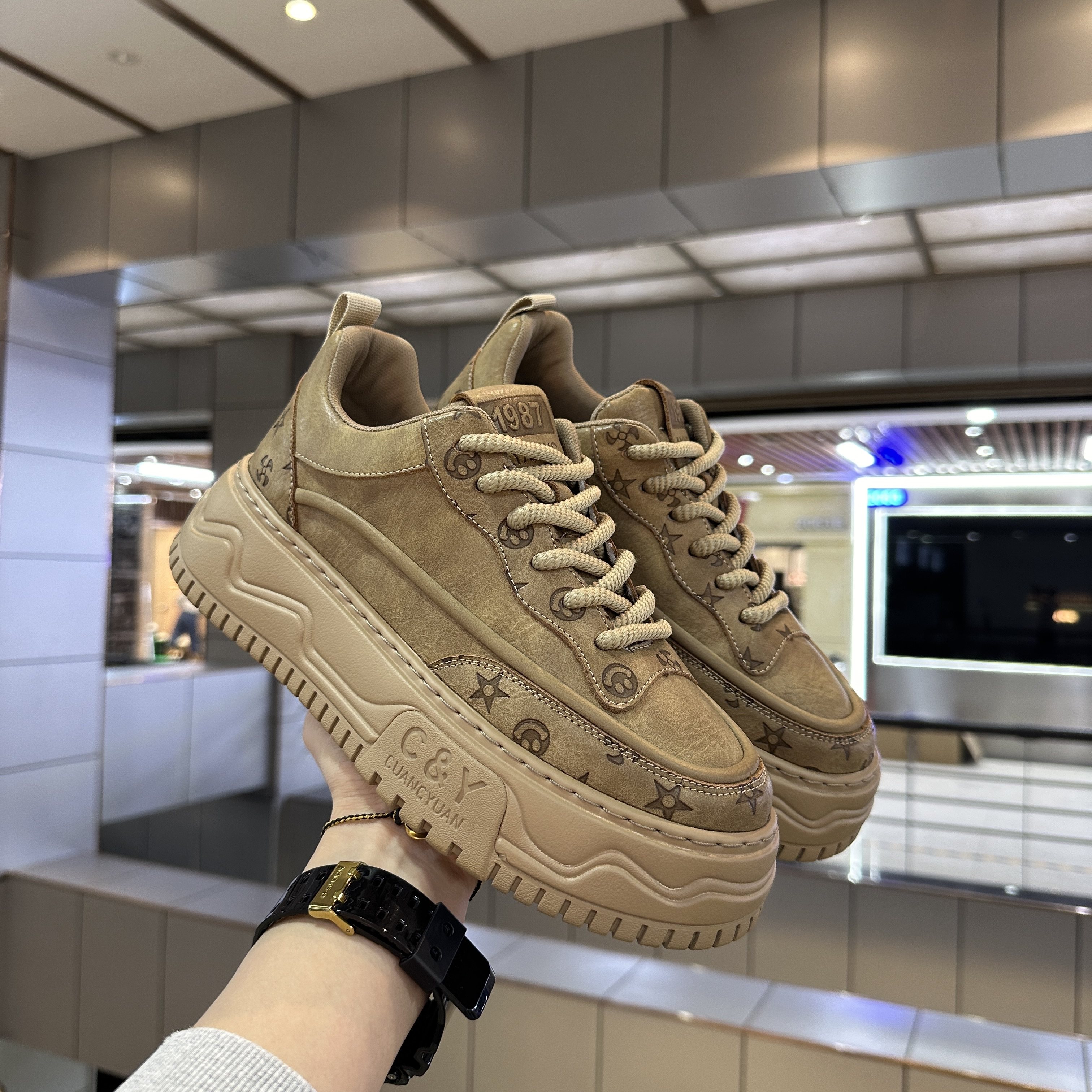 简约复古印花休闲风外增高男鞋低帮系带运动鞋百搭潮流休闲老爹鞋,流行男鞋,单鞋,淘宝优惠券,粉丝福利购,淘宝优惠卷