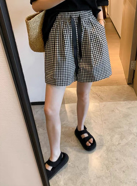 大码黑白格子短裤夏季新款阔腿裤女胖mm小个子宽松显瘦遮胯五分裤