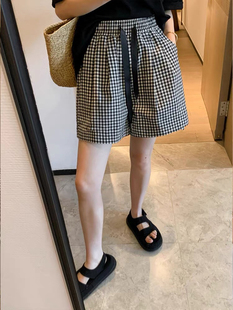 大码黑白格子短裤夏季新款阔腿裤女胖mm小个子宽松显瘦遮胯五分裤