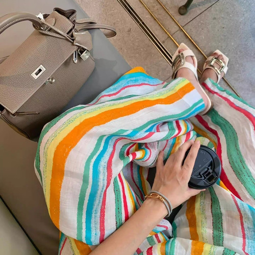 胖MM多巴胺彩虹条纹漂亮阔腿女秋梨形身材气质时尚长裤