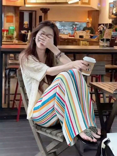 韩系慵懒风彩虹条纹裤子女春季2026超火巨好看宽松直筒休闲阔腿裤
