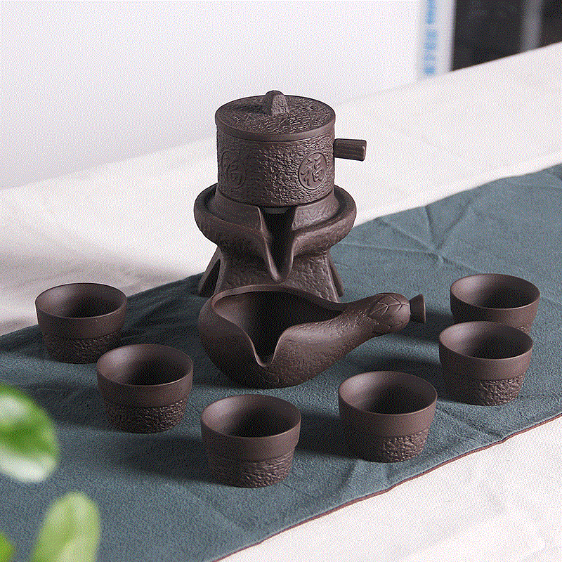 紫砂陶瓷時來運轉半自動石磨功夫茶具整套 家用蓋碗茶杯禮品套裝