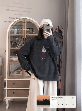 原创女装2025秋冬新T恤35868 休闲文艺宽松圆领刺绣套头加厚T恤女