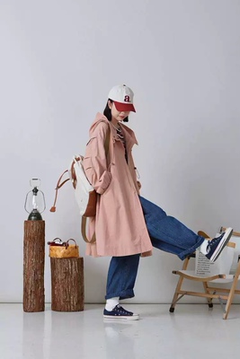 女装33167休闲宽松大码简约日系双层连帽长款风衣外套女