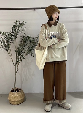 女装2025秋冬新款T恤32573 休闲复古宽松日系字母加绒卫衣女