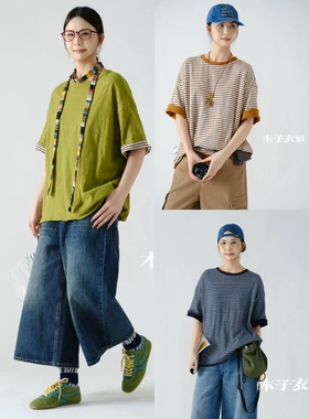 女装2026春款新品双面穿T恤35278休闲文艺日系宽松圆领短袖条纹棉