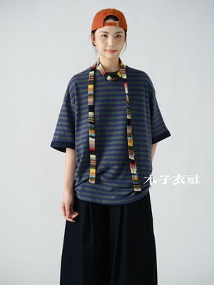 女装2026春款新品T恤35331 休闲文艺日系宽松圆领短袖条纹上衣女