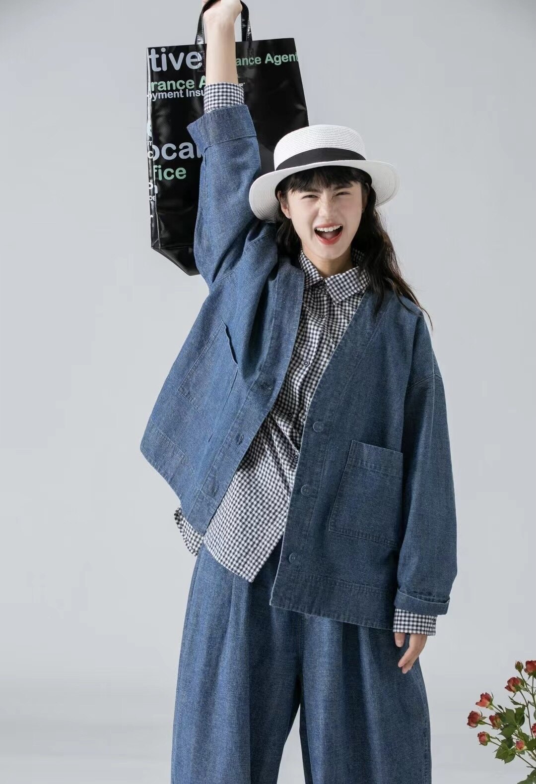 初唯女装2024春款新品外套 休闲文艺日系复古和服感牛仔外套32766