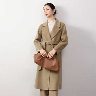 正品秋冬正肩修身腰带双面100%羊毛大衣女长款西装领暗扣时尚外套