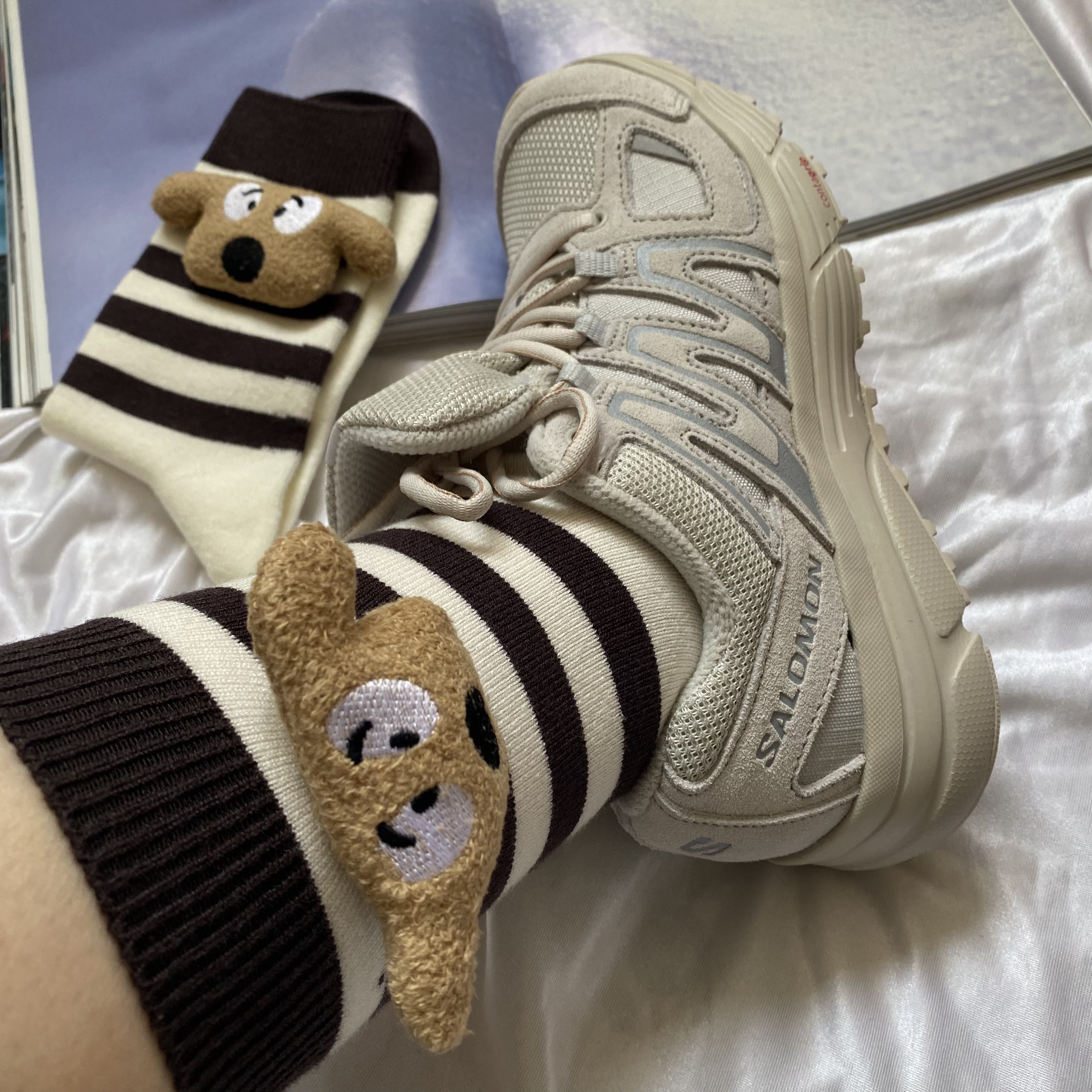韩系可爱呆萌狗羊绒混纺条纹中筒女袜 休闲长袜搭配裙子满30包邮