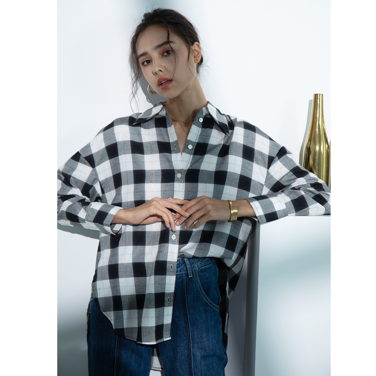 长袖格子衬衫设计感法式宽松