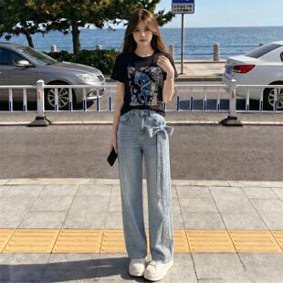 DIONK宽松运动圆领短袖韩版套装长裤夏季牛仔上衣女两件套印花休