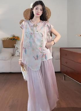 盘扣粉色21224中式漂亮超火新套装上衣国风夏装一整套阔腿裤