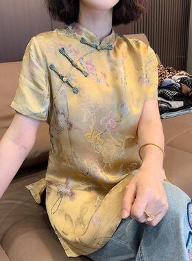 刺绣黄色国风现货21192印花上衣复古中式轻奢牛仔裤新两件套