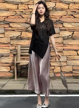 设计显瘦半身裙高腰新款众短袖两件21204上衣女套装生产中小夏季