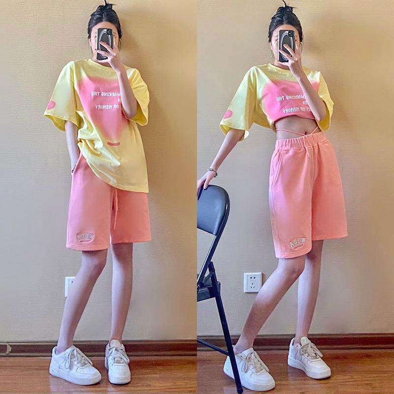 DIONK款美式运动套装腿爵士舞阔休闲潮牌宽松女夏季卫裤五分裤套