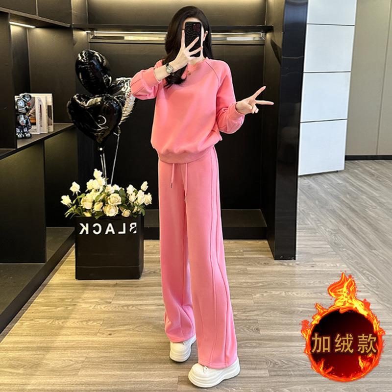 裤加厚腿卫衣阔休闲显瘦秋冬女运动套装时髦两件套感加绒高级圆领