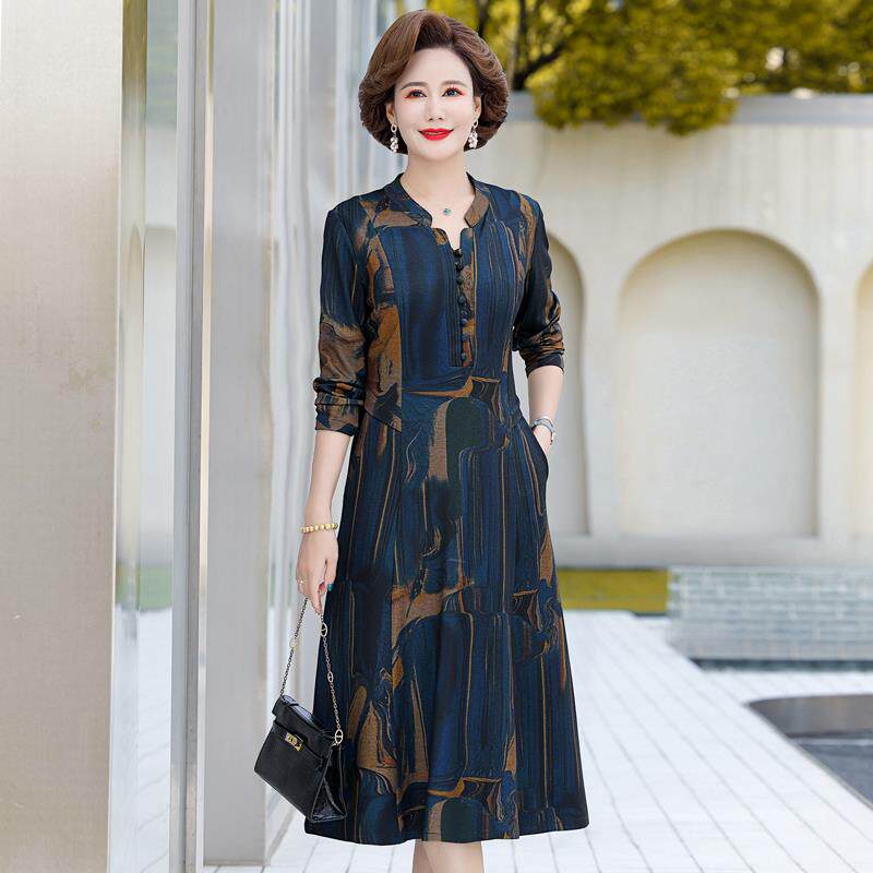 4050春秋妈妈长裙时尚中老年阔岁裙子连衣裙太太女装碎花长袖过膝