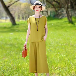 新款棉绸夏季中年两件套时尚外穿女宽松短袖凉快套装长裤休闲妈妈