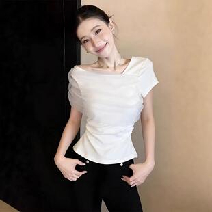 心机上衣洋气小衫 白色1821T恤斜领设计夏褶皱女小众显瘦不规则感