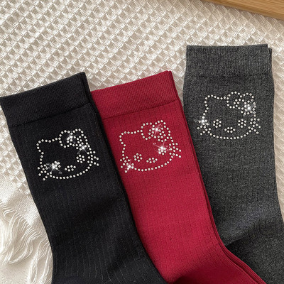 手工对目！烫钻凯蒂猫咪袜子秋冬安哥拉红新年袜hellokitty中筒袜