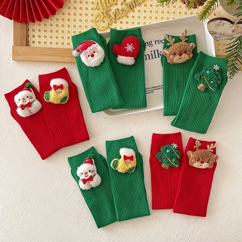 圣诞袜子儿童亲子款大红色中筒袜卡通麋鹿圣诞老人堆堆袜纯棉童袜