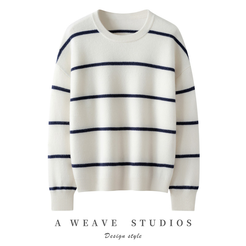 【显瘦】100%山羊绒衫女条纹圆领时尚针织衫洋气百搭,女装/女士精品,羊绒衫,淘宝优惠券,粉丝福利购,淘宝优惠卷