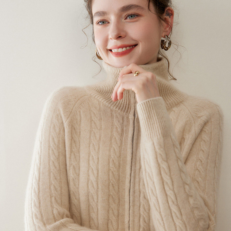 爆款 加厚开衫100%山羊绒衫扭花拉链半高领 时尚百搭,女装/女士精品,羊绒衫,淘宝优惠券,粉丝福利购,淘宝优惠卷