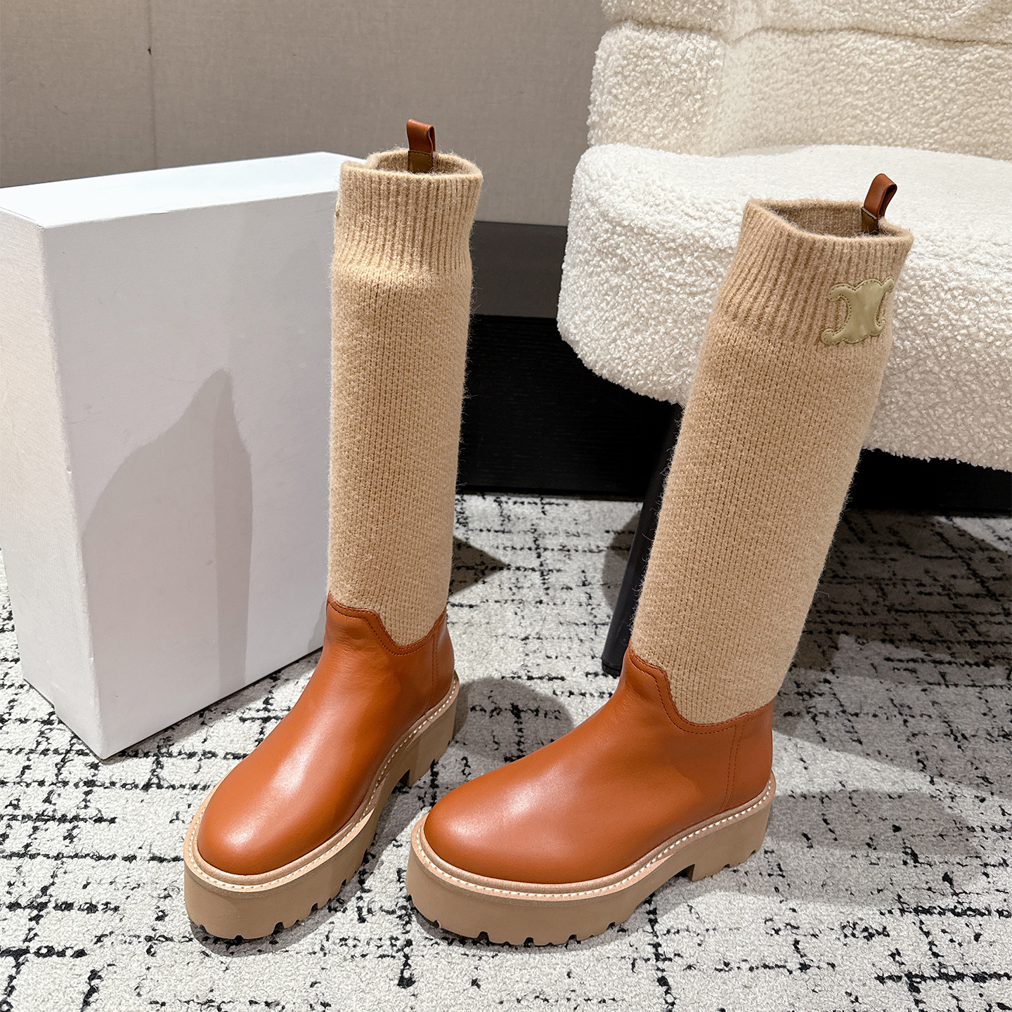 凯旋门针织毛线弹力厚底骑士靴女2025冬新款复古真皮袜子粗跟短靴