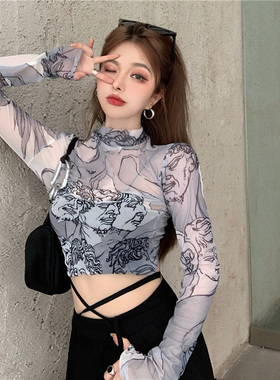 捡漏特价剪镖外贸折扣女装抽象艺术印花网纱防晒衣薄款长袖T恤女