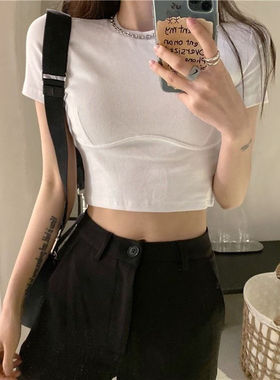 捡漏特价剪镖外贸折扣女装短款露脐显瘦圆领短袖T恤女修身上衣ins