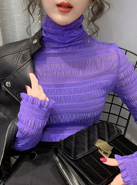 捡漏特价剪镖外贸折扣女装秋冬高领堆堆领内搭网纱蕾丝打底衫女装